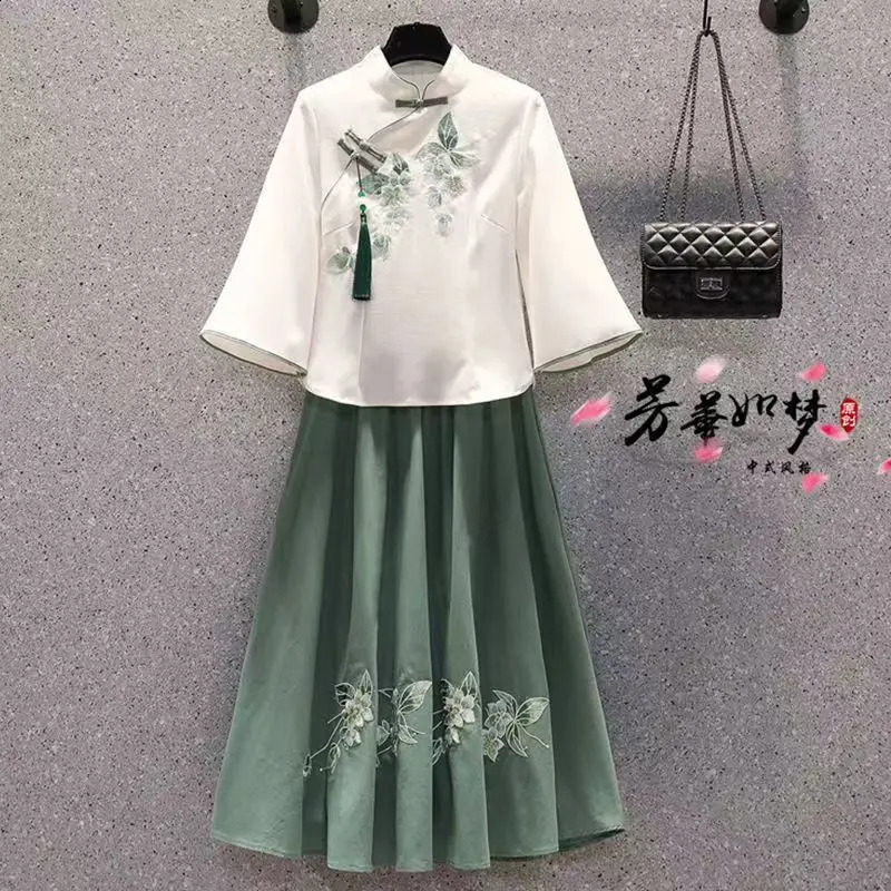 Oversized Womens Summer Butterfly Sweet Chinese Suit Embroidered Top Suit Hanfu Blouse Skirt Two-piece Set Large Size 240823