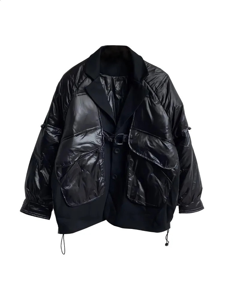 Womens ultrafine loose jacket black patchwork pocket casual thick warm Parka womens twopiece 240823