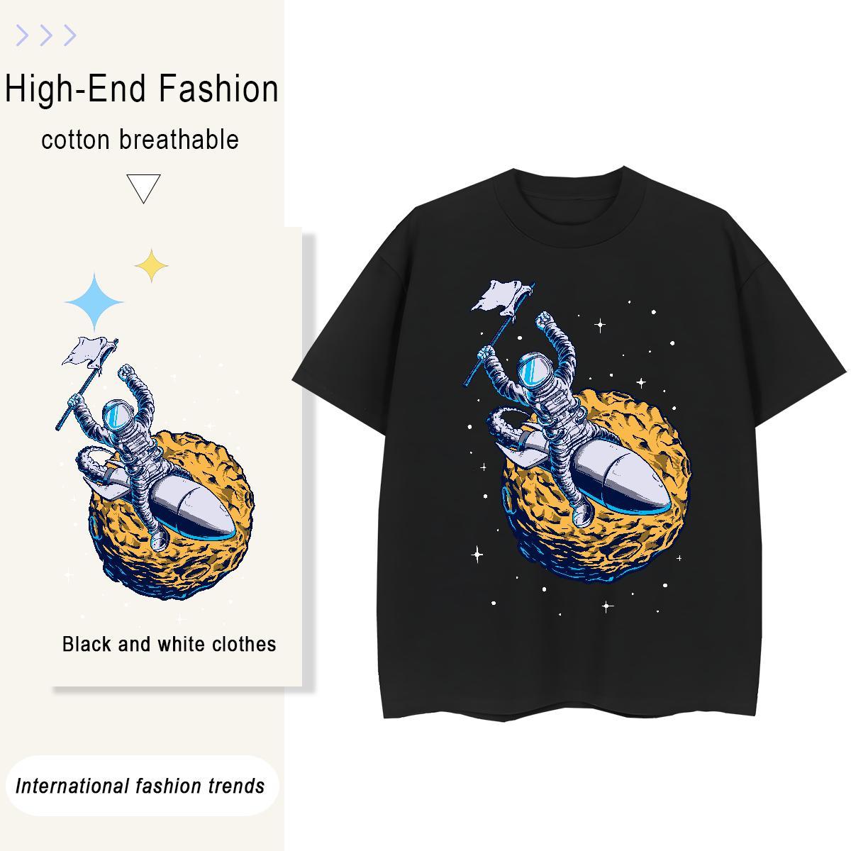Popular Woman Tshirt 100% Cotton 230g cosmonaut Sports Street Wear Women T Shirts Short Sleeve O-Neck Cartoon Floral Printing Tees