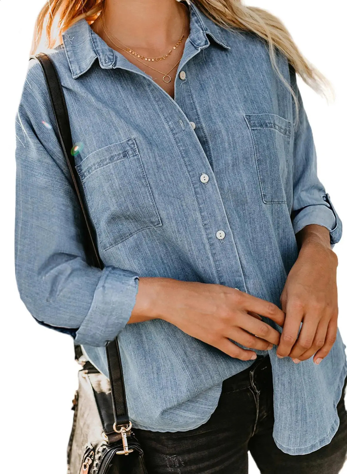 Womens Denim Shirt Spring and Autumn Loose Double Pocket Long Sleeve Versatile Casual Jacket Shirt 240823