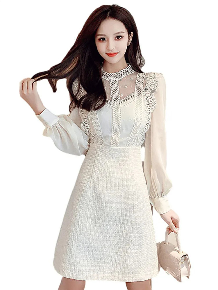 Fashion Women Tweed Dress Autumn Winter Lace Patchwork Lace Chiffon Long Sleeve O-Neck A Line Short Dresses Vestido 240824