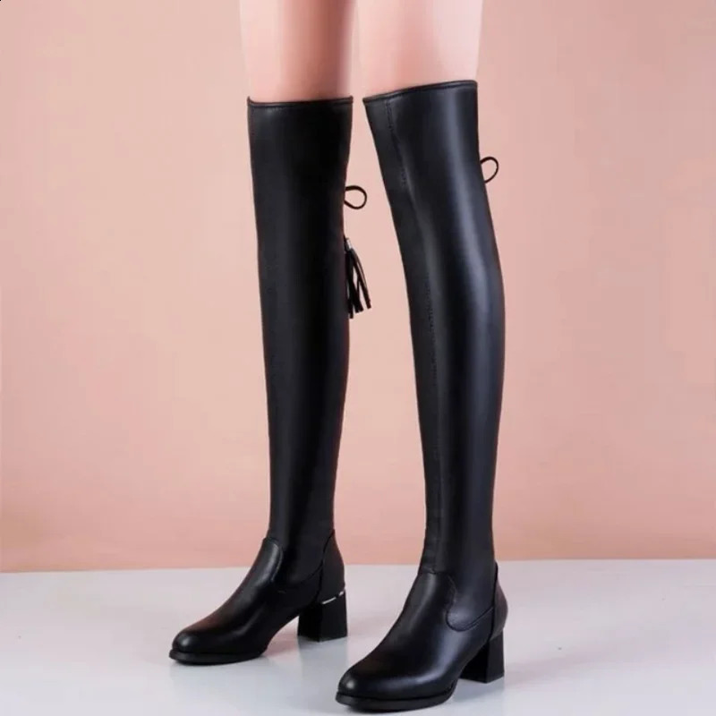 Womens soft leather elastic boots womens short plush long boots autumn thick boots knee boots 240823