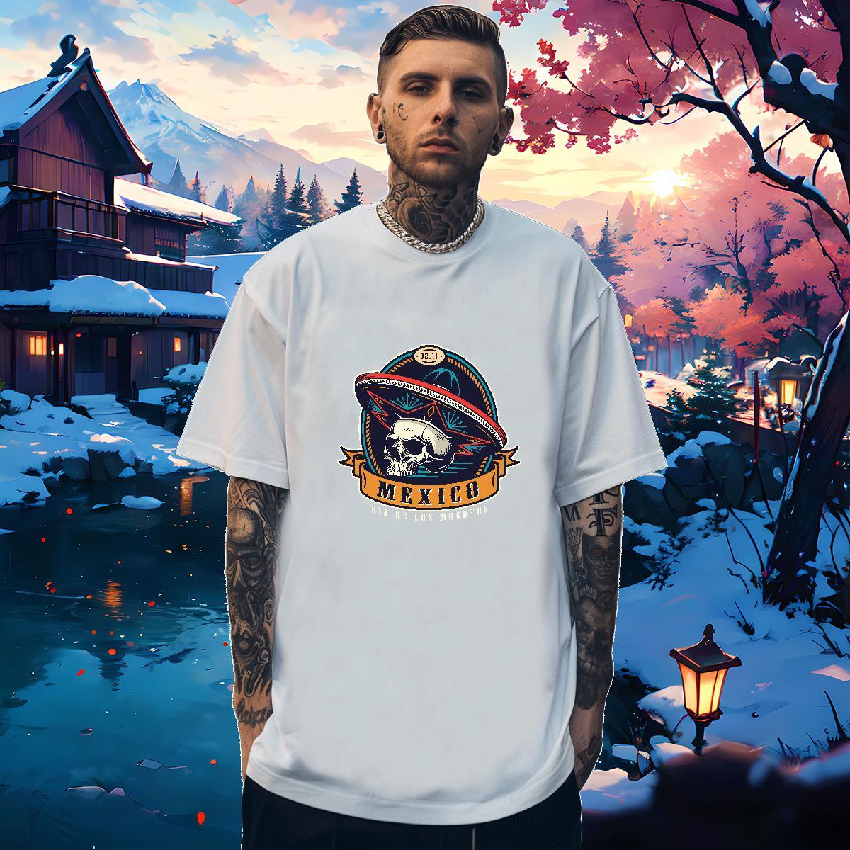 Loose T shirt 230g 100% Cotton skull Outdoor DIY Breathable Short Sleeve Men Tops Tees Fashion Casual Wear