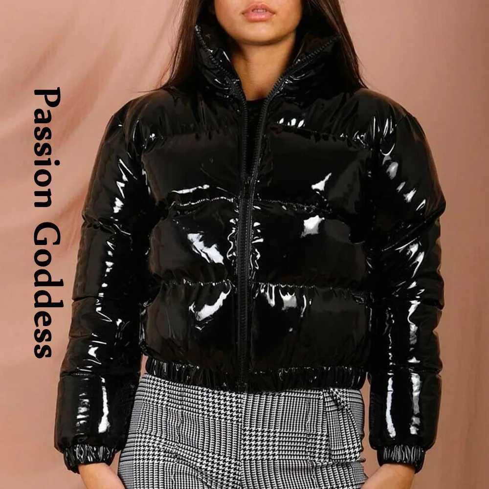 Women's Down Parkas Winter Women Shiny PU Leather Puffer Jackets Warm Thick Bubble Coat Cute Parkas Down Zipper Loose Puffly Cropped Jacket XXL Y