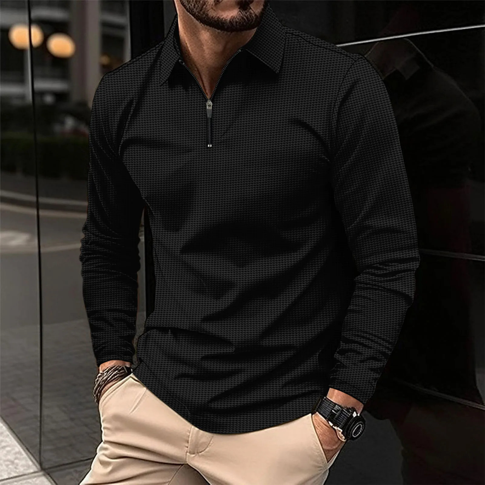 Mens long sleeved polo shirt waffle Tshirt business anti street casual mens breathable top 240823