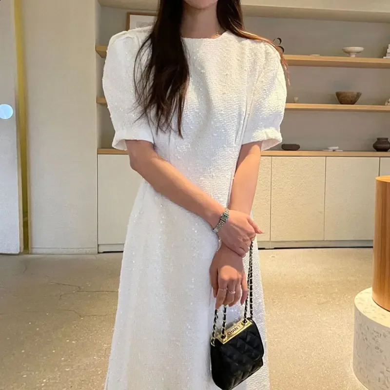 Iyundo Tweed Long Dresses O-neck Puff Sleeve Striped A-line One Piece Korea Dress Vintage Casual Young Lady Skirt Spring Clothes 240824