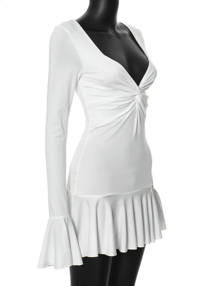 Sexy Low-cut Deep V Flounce Edge Slim Bodycon Mini Dress Women Long Sleeved Solid White Skinny Evening Dress Club Party Vestidos 240823