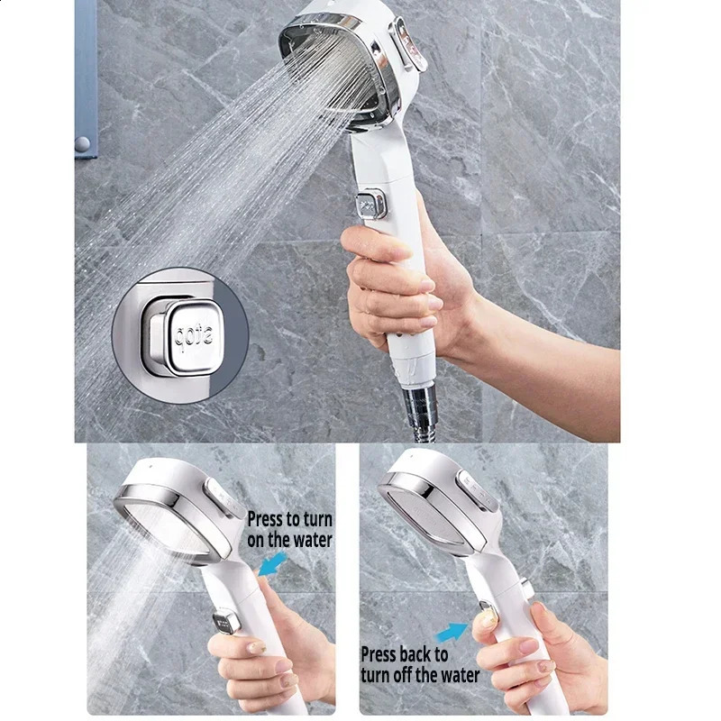 High pressure shower head watersaving 3mode adjustable one button water stop massage spray bathroom accessories 240824
