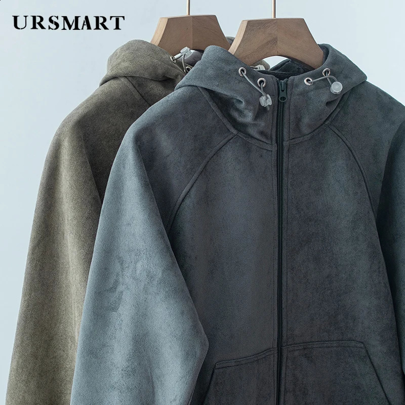 Suede lining Raglan pullover hoodie loose retro cotton clip thick warm zipper 240823
