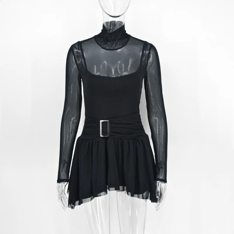 Mini Dress Women Spring Solid Turtleneck Fashion Long Sleeves Casual Slim Dress Sexy See Through Mesh Female A-LINE Dresses 240823