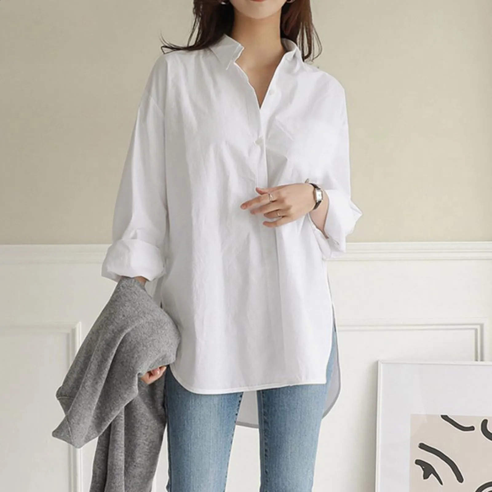 Fashion Casual Women Long Blouse WIth Buttons Oversize Loose V-Neck Long Sleeve Solid Shirts Office Ladies Elegant Business Tops 240823