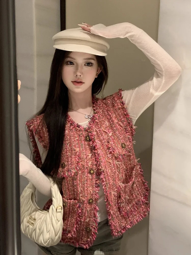 Autumn Tweed Vest Tassel Woven Sleeveless Fragrant Women Waistcoat 240823