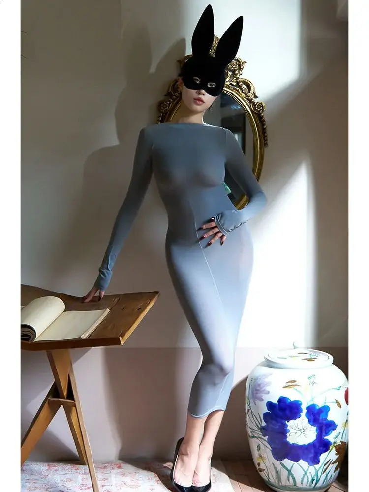 Long Sleeve 120D Matt Nylon Midi Dress Tights Package Hip Dresses Bodystocking Transparent Sexy Vestido Lingerie Clubwear Jupe 240823