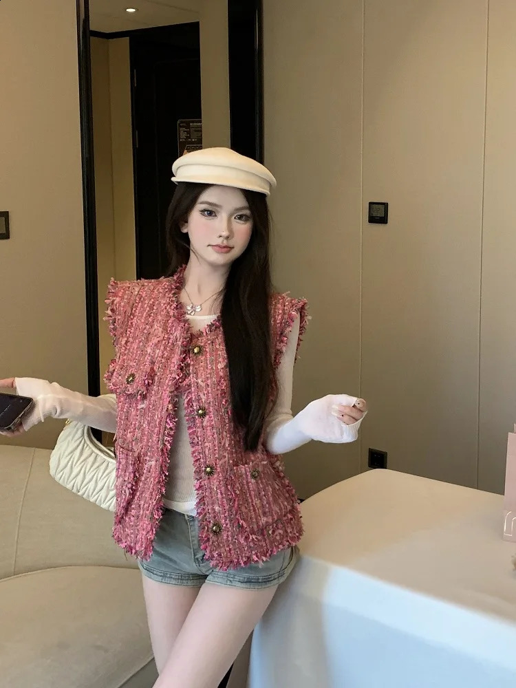 Autumn Tweed Vest Tassel Woven Sleeveless Fragrant Women Waistcoat 240823
