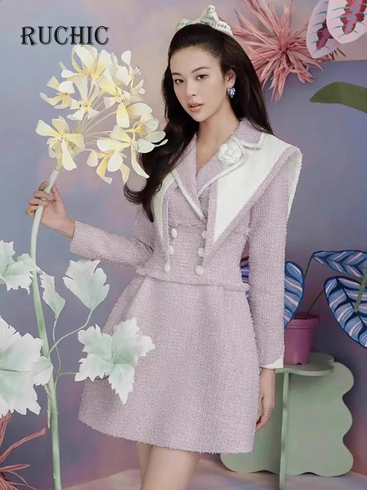 Womens Fashion Dress Shawl Notched Collar 3D Flower Tweed Contrast Color Button Elegant Spring Dresses Chic n 240824