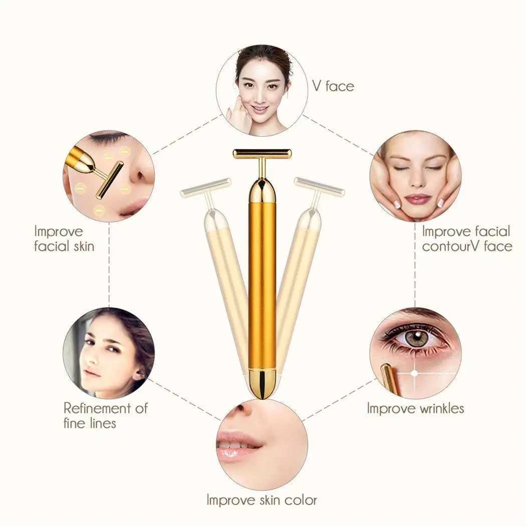 24k Gold Face Lift Bar Roller Vibration Slimming Massager Facial Stick Facial Beauty Skin Care T Shaped Vibrating Tool with Bag CL240824