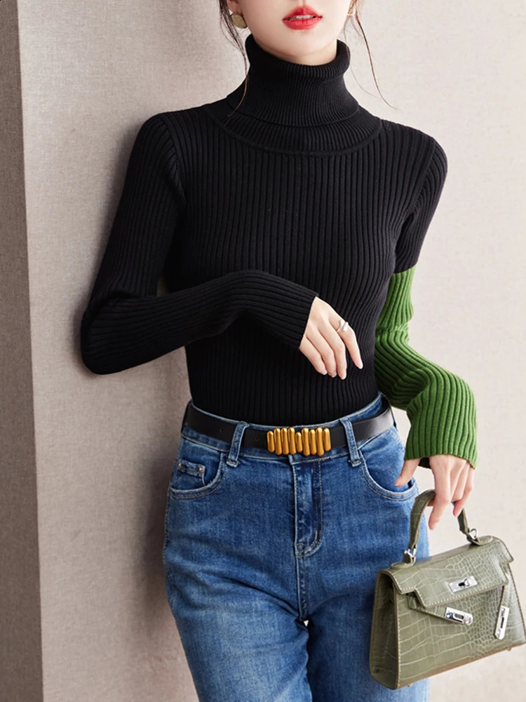 Contrast Color Splicing Slim Fit Top Autumn Long Sleeve Turtleneck Sweater Women Soft Knitted Pullover Tops 240824