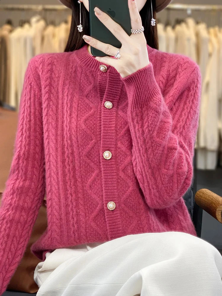 Autumn Winter Thick Sweater For Women 100% Merino Wool Cardigan O-Neck Long Sleeve Twist Flower Warm Cashmere Knitwear Tops 240824