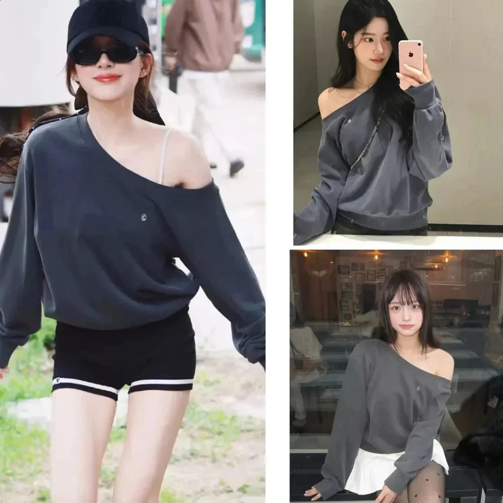 Asymmetric Shoulder Off Shoulder Hoodless Sweater Rosy Same Style Korean Hoodie Fashion Retro Long Sleeved Women Sweatshirt 240824