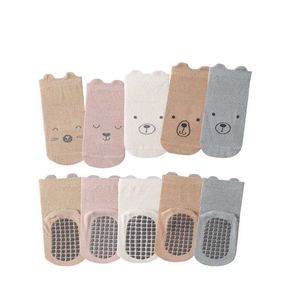 5 Pairs/lot Baby Non Slip Floor Sock 5colored Of Bear Print Infant Girl Cotton Socks Solid Autumn Anti Slip Childrens Knee Sock CL240824