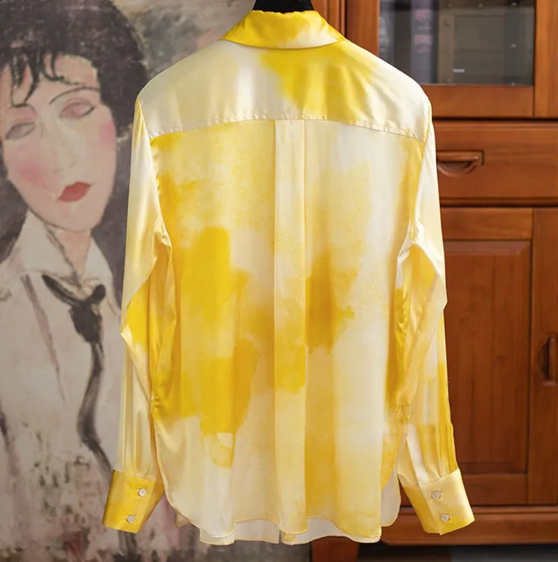 Gradient Yellow Satin Summer Shirt for Women Long Sleeve Spring Autumn Elegant Woman Blouses Office Ladies Tops blusas para 240823
