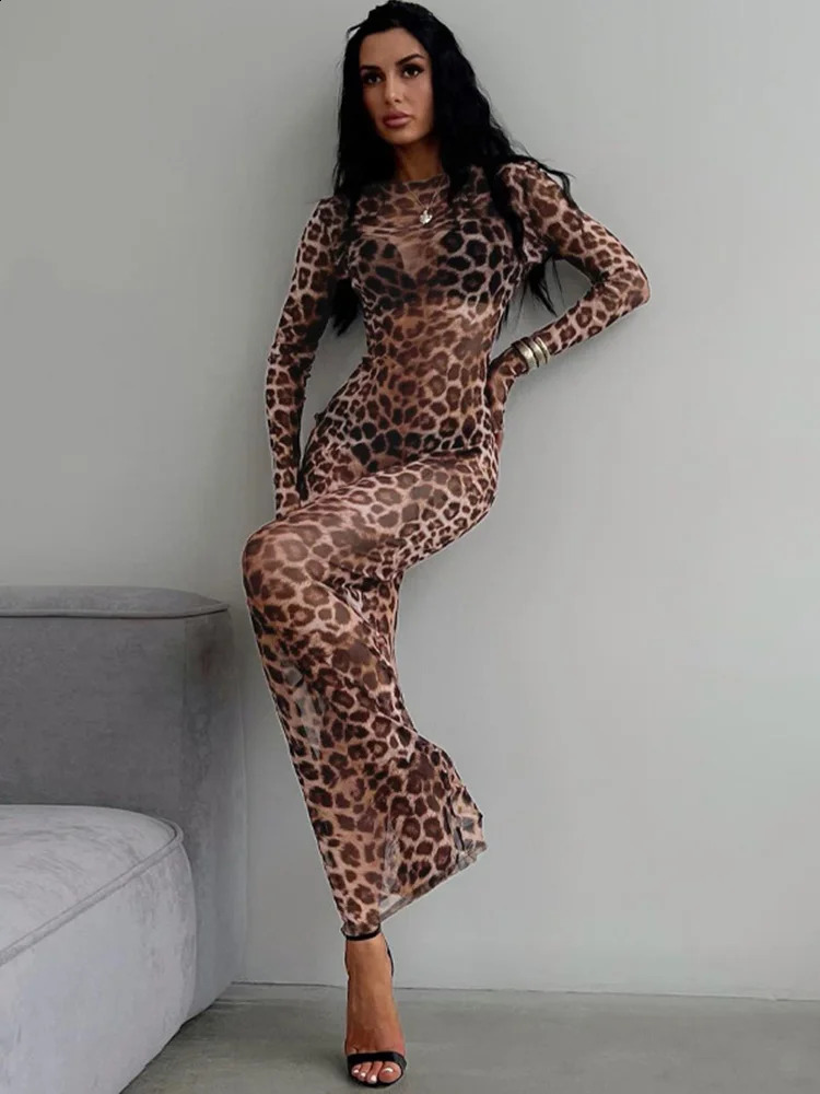 Women Summer Leopard Print Mesh Dress Streetwear Fashion Sexy O-neck Long Sleeve See-through Slim Holiday Party Dresses 240823