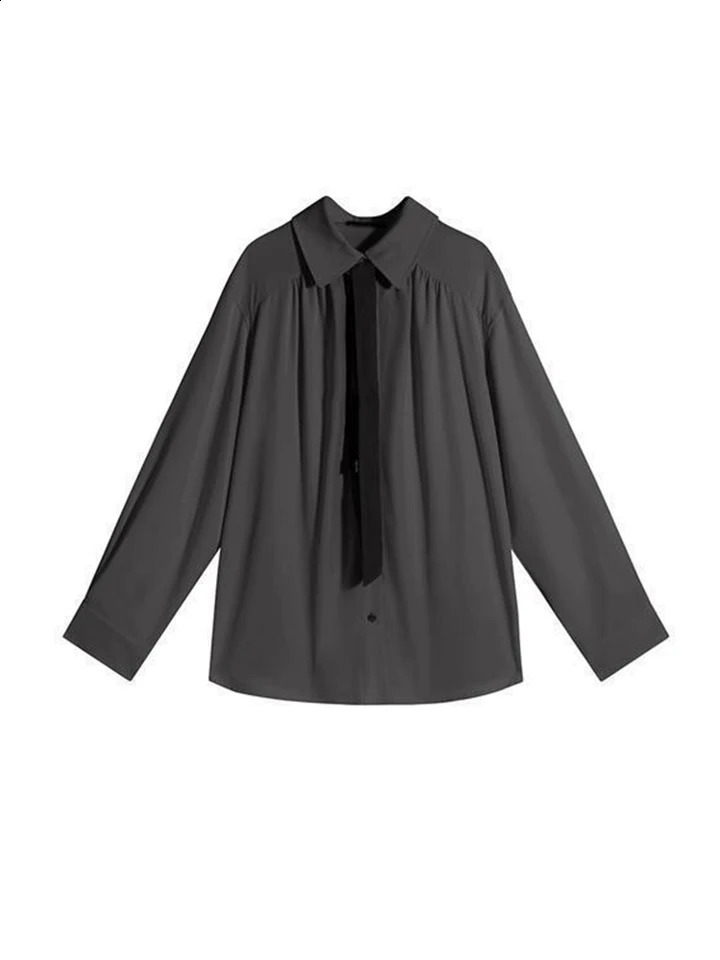Summer Elegant Long Sleeve Shirt Women Korean Solid Tie Chic Button Blouse Loose Harajuku All Match Office Ladies Simple Tops 240823