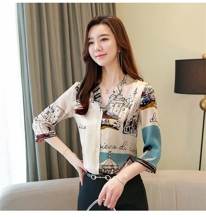 camisas e blusas ropa de mujer ofertas Summer Shirt Women tops Blouse 3/4 Long Sleeve Printing Flower V Neck Blouse Tops 240823