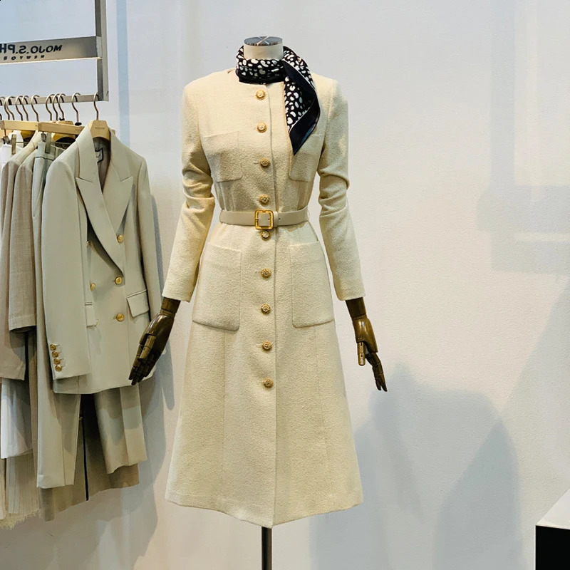 Autumn Winter Female Elegant Single-Breasted Mid-Length Tweed Dress Womens Lace-up Long Sleeve Waist-Slimming Dress 240824