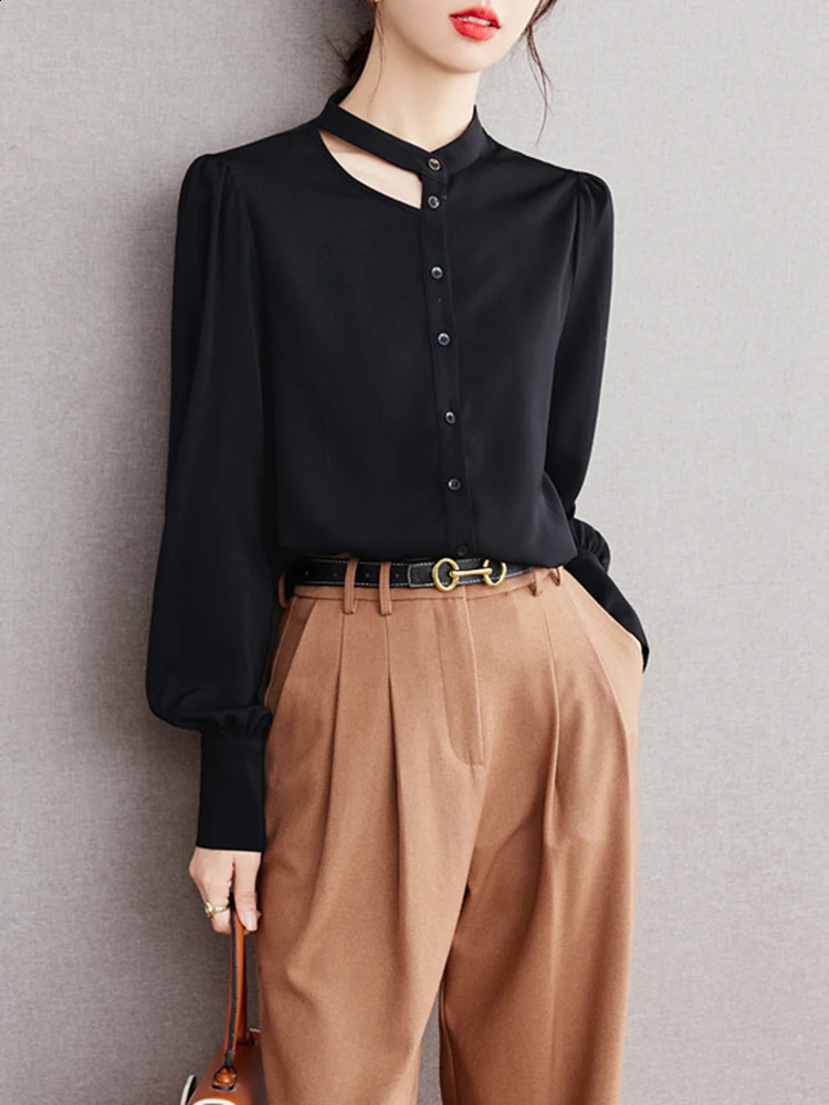 Womens fashionable long sleeved shirt elegant French office top casual womens w240824