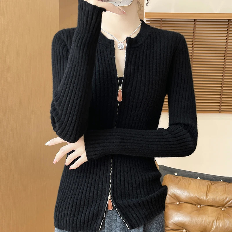 Womens Cardigan Autumn/Winter 100% Pure Wool Sweater Thickened Casual Zipper Knitted Clothes Round Neck Fit Tops Basic Blouse 240824