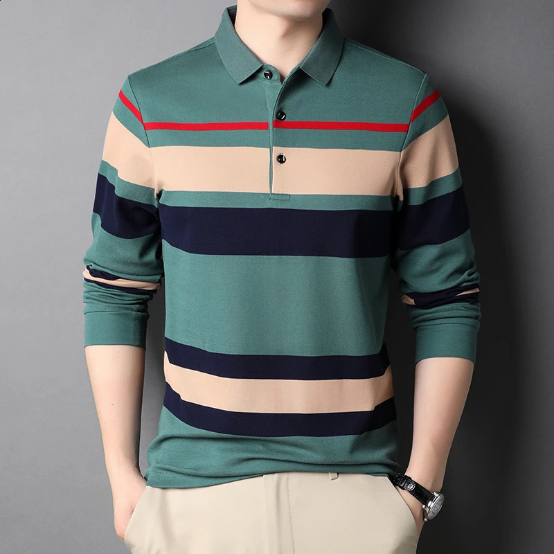 Long sleeved 100% pure cotton green mens polo shirt highquality spring and summer business casual striped top 3xl 240823