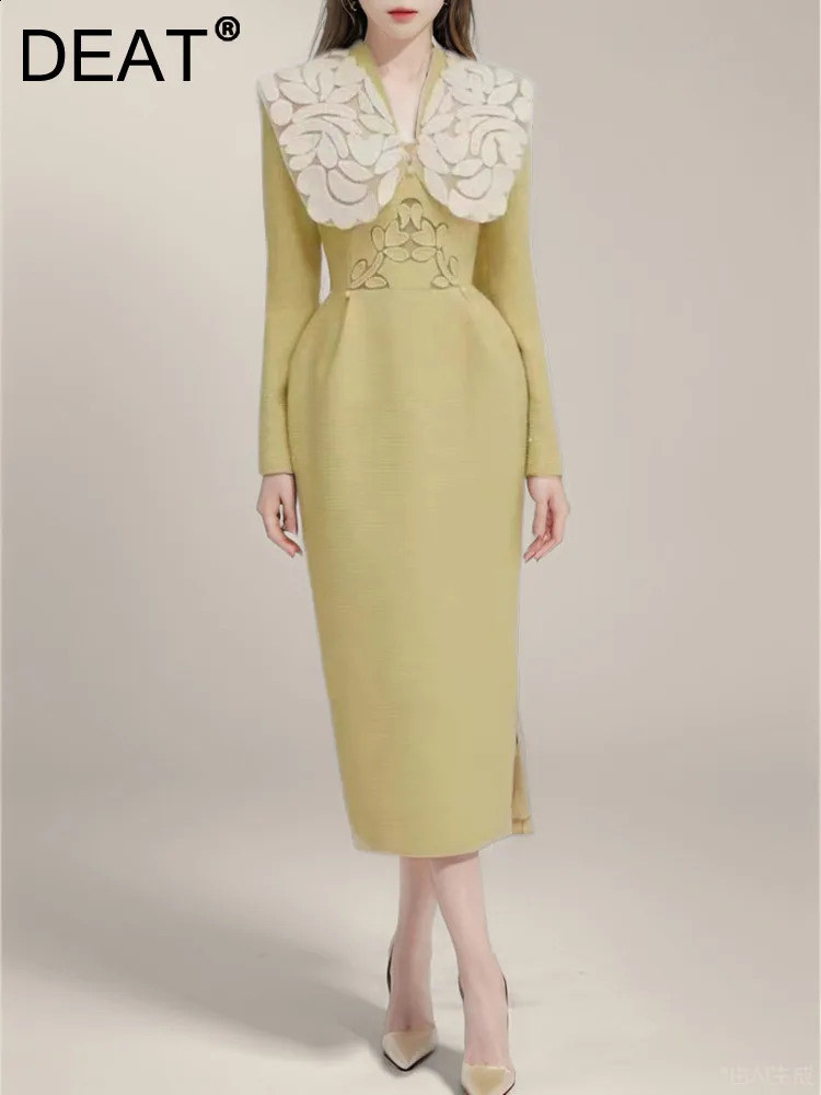 DEAT Womens Patchwork Embroidery Tweed n Dress Models V-neck Long Sleeve Zipper Contrast Color Female 15C450 240824