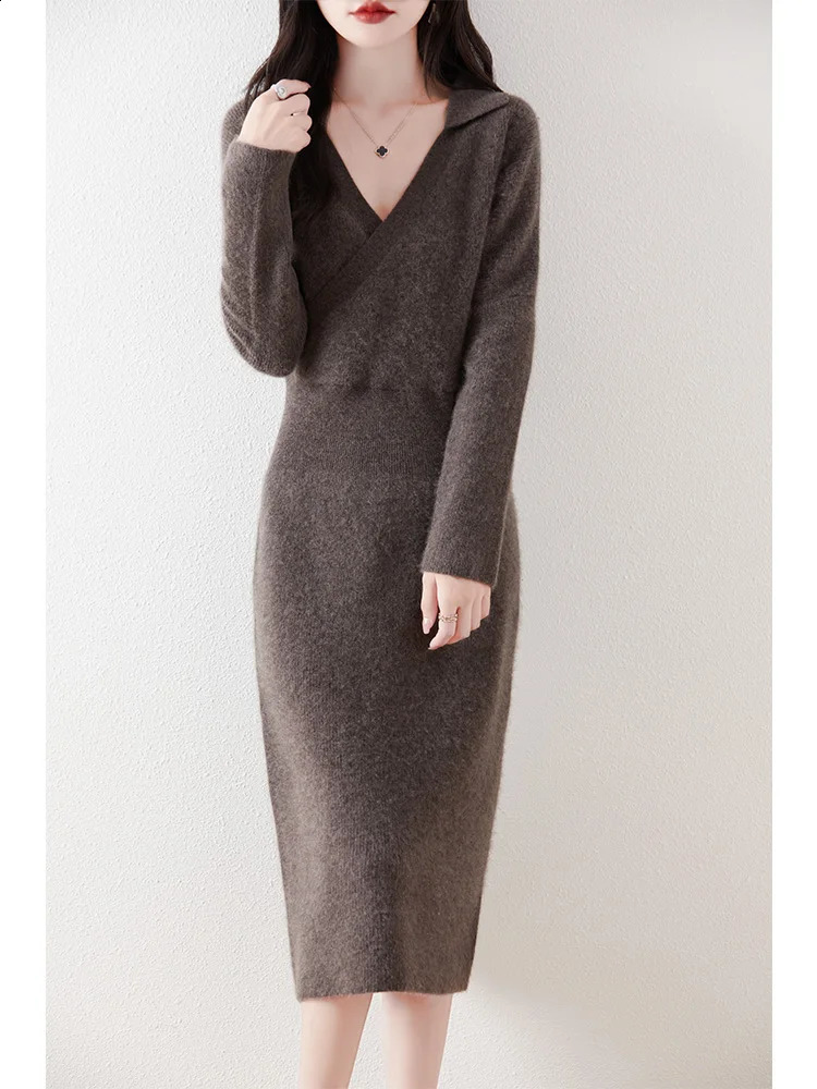 Womens Pure Wool Knitted Long Dress Waist Lapels Loose Elegant Casual Fashionable Sweater Autumn/Winter 240824