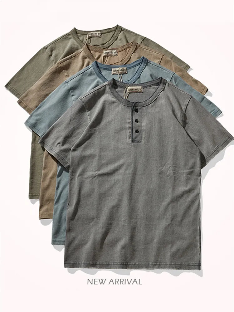 280g Summer American Retro Heavyweight Solid Color Tshirt Mens Pure Cotton Washed Short Sleeve Henley Collar Waist Top 240823