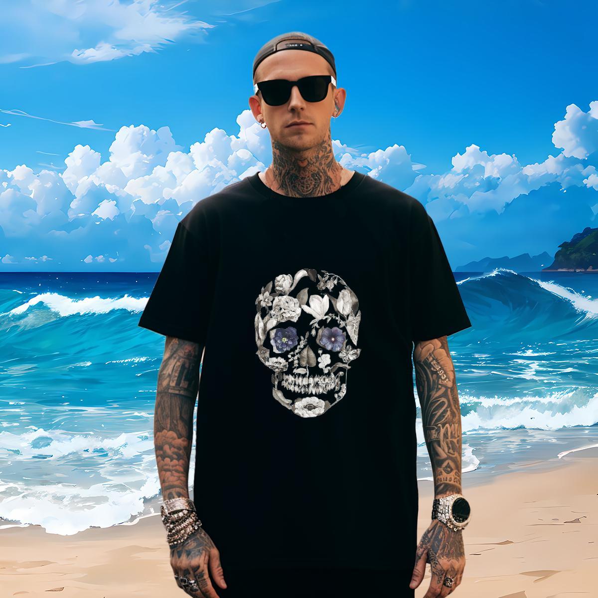 Brand T-Shirts for Men 230g 100% Cotton skull Hip Hop DIY Logo Oversized Crew Neck Breathable Men Clothes T-Shirt 2024 DIY Tops
