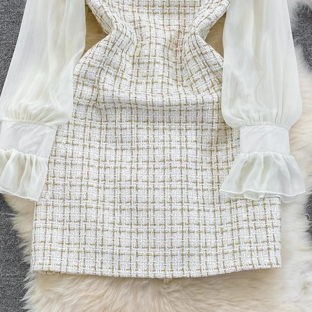 Autumn Elegant Mini Dress for Women Bodycon Tweed Patchwork Long Sleeve Beading Slim Female Tarf Chic Vintage Robe Party 240824