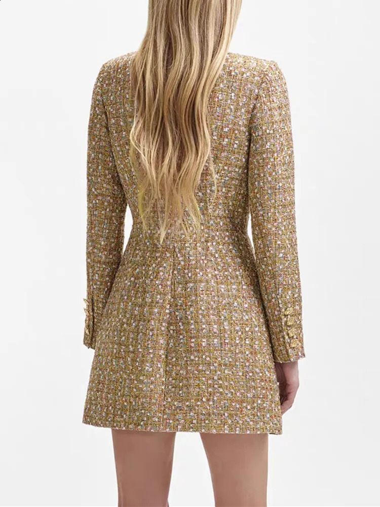Autumn Female Tweed Gold Buttons Elegant Long Sleeve Robes Womens Sexy Off-Shoulder Long Sleeve Mini Dress 240824