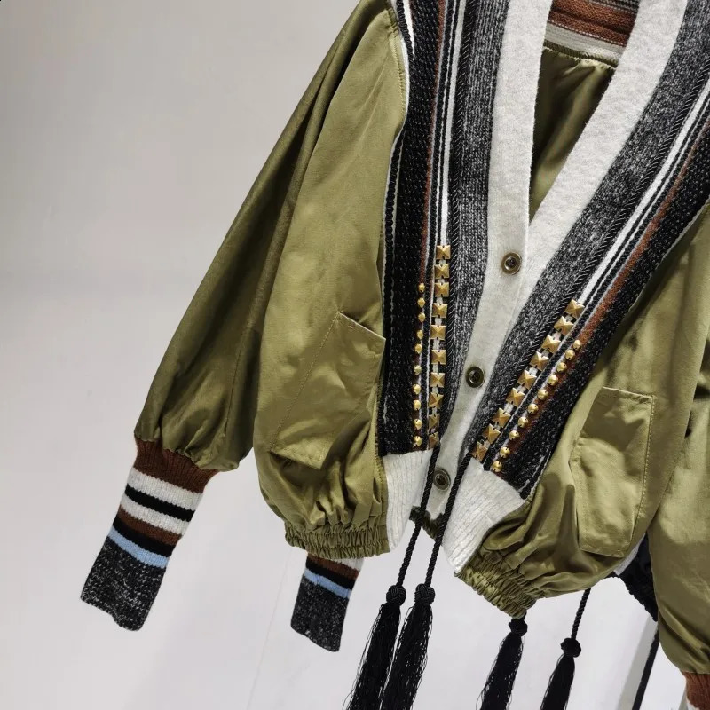 Korean Style Varsity Jacket Women 2024 Autumn Winter Fashion Patchwork Striped Knitted V-Neck Tassel Drawstring Coat Outwear 240823