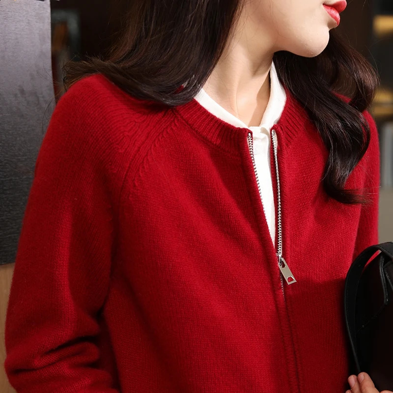 Womens cardigan autumn/winter casual knitwear 100% pure wool round neck jacket fit Tops Japanese/Korean style zipper Blouse 240824