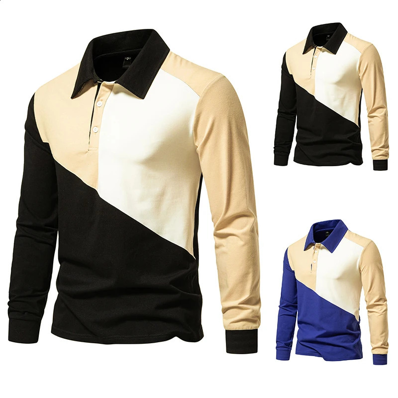 Polo Shirt Mens Fashion Business British Style Casual Slim Trend Solid Color Patchwork Color Lapel Long-sleeved POLO T-shirt 240824