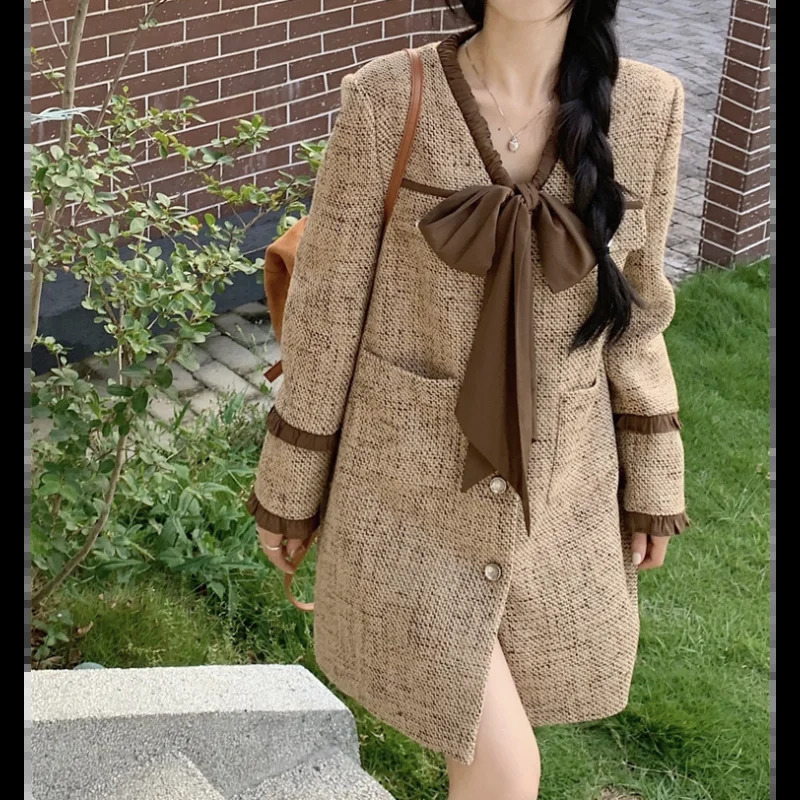 Women V-neck Patchwork Bow Tweed Suit Dress Autumn Winter Vintage Long Sleeve Loose Elegant French Sweet Mini Lady Dress 2XL 240824