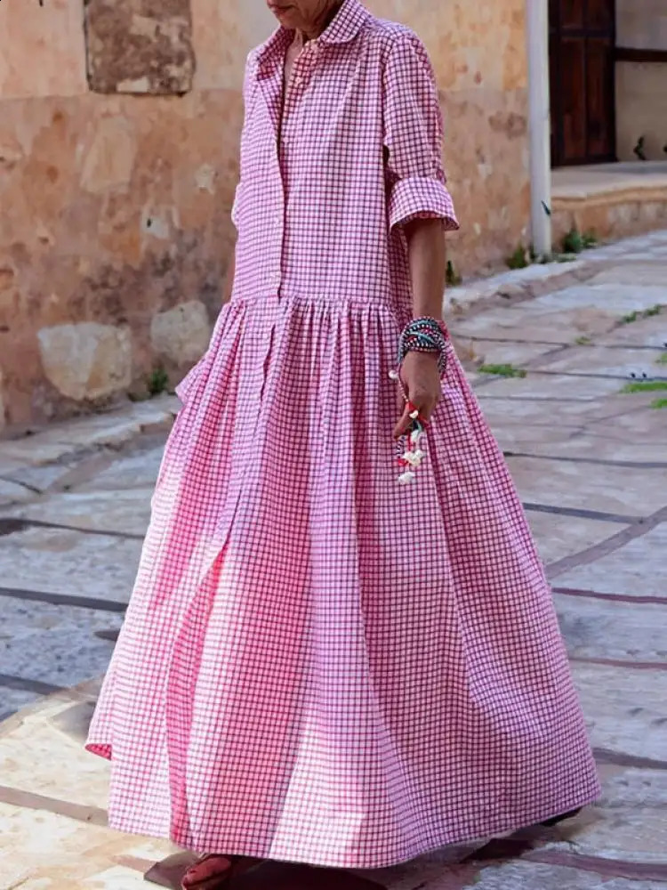 Yeezzi Women Korean Fashion Plaid Pleated Lapel Shirts Dress Spring Autumn Long Sleeve Loose Button Casual Maxi Dresses 240824