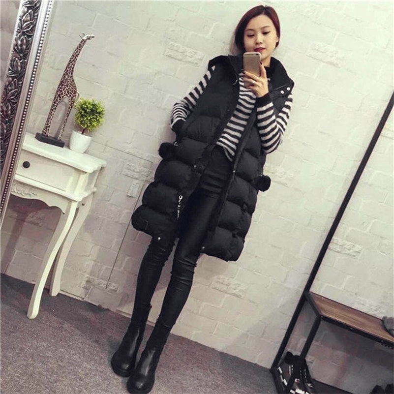 Autumn Winter Women Black Hooded Long Parkas Vest Fashion Warm Black Hooded Down Coat Parka Ladies Sleeveless Waistcoats 240823
