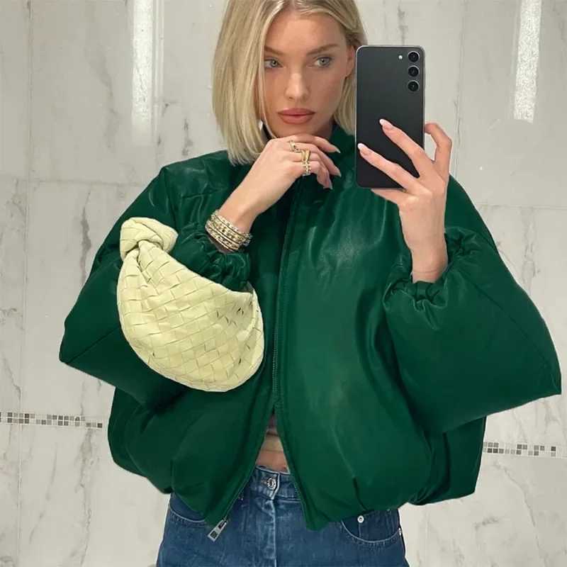 Women's Down Parkas Retro Women PU Leather Puffer Jackets Elastic Waist Warm Thick Bubble Coats Leather Puff Jacket Parkas Zipper Parkas Down Win