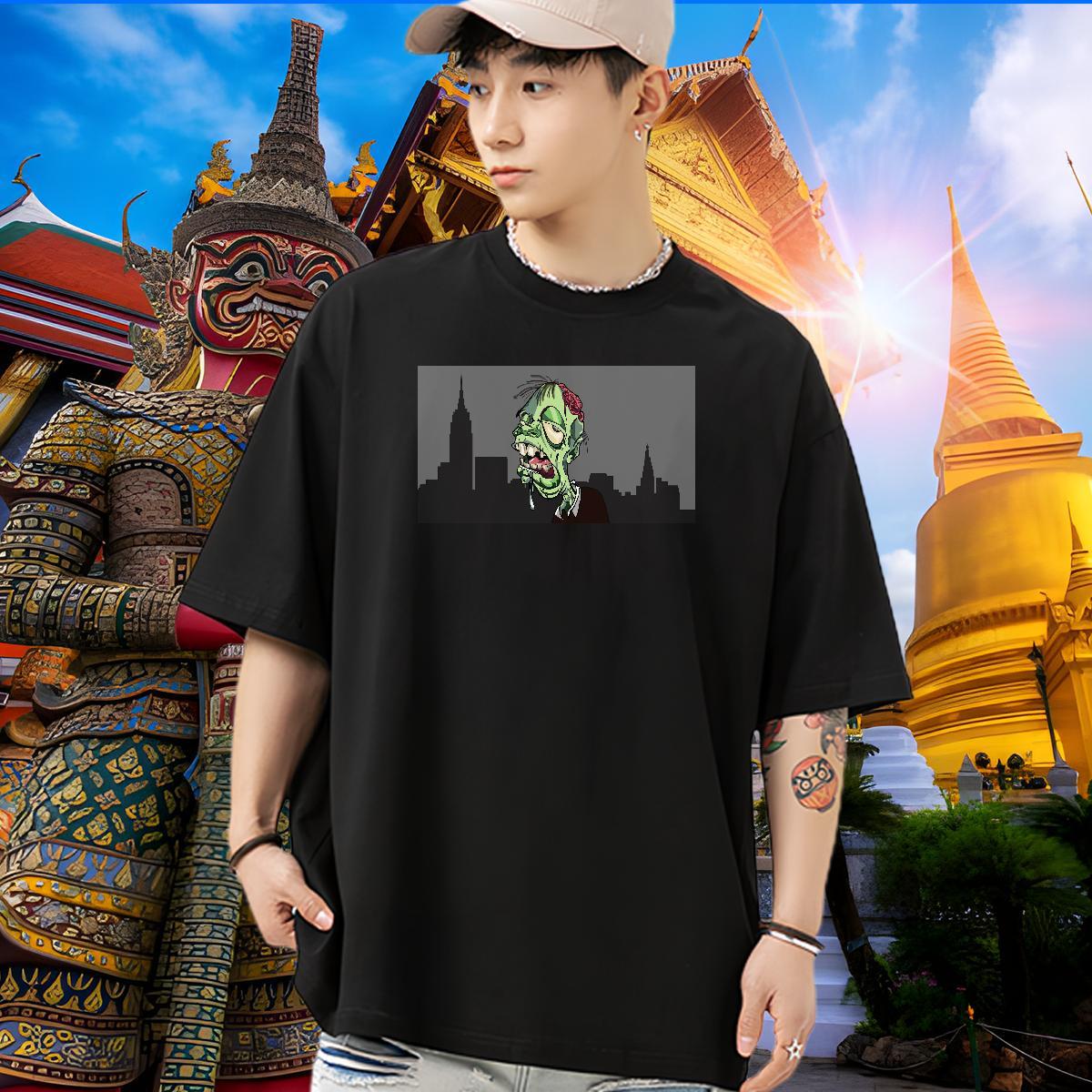 Loose Fit Mens T Shirts 230g 100% Cotton skull Beach Floral Print O Neck Short Sleeves Men Clothes T-Shirt Fashion Tops
