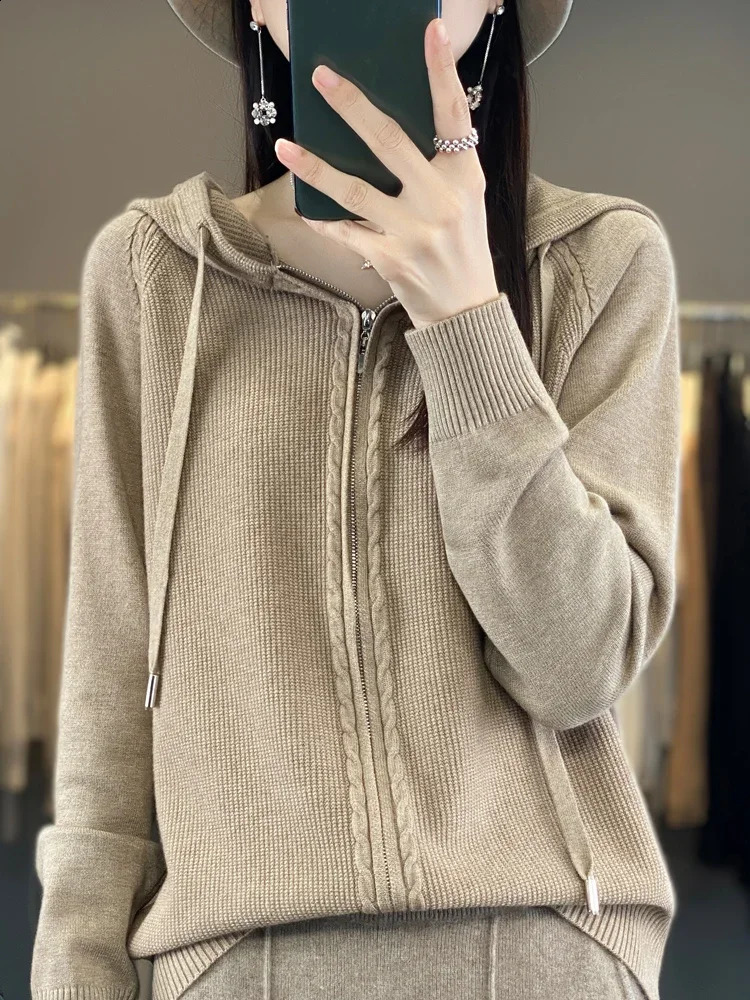 Spring/Summer Hooded Cardigan Womens Versatile Knitted Top Loose Sweater Casual Solid Color Double Zipper Cardigan Top F505 240824