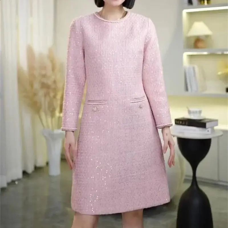 Autumn Winter Elegant Sequins Tweed Dress For Women Long Sleeve High Waist Celebrity Slim Mini Party Vestidos 150P 240824
