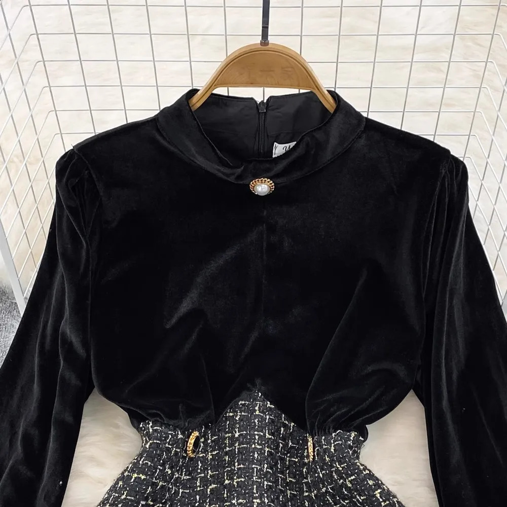 Vintage Black Velvet Dress Women Spring Autumn Long Sleeve Patchwork Tweed Mini Dress Party Dress Vestidos 240824