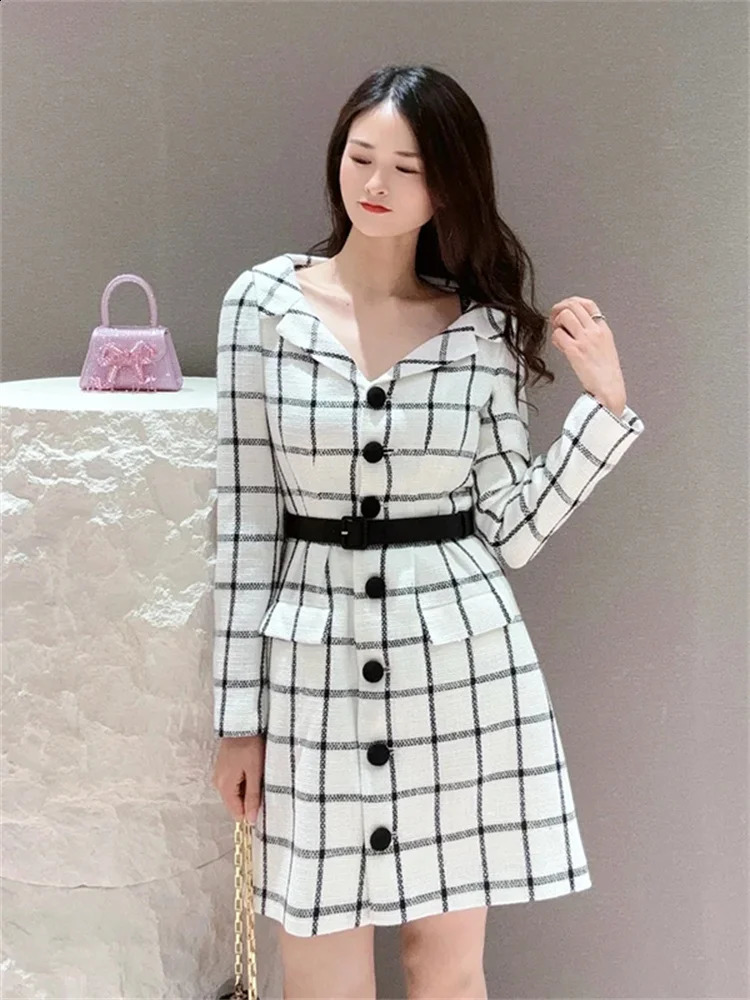 Women Tweed Plaid Mini Dress Spring Summer Turn Down Collar Ladies Long Sleeve Single Breasted Short Robe with Belt 240824